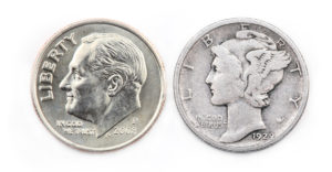 Displays Roosevelt and Mercury dimes